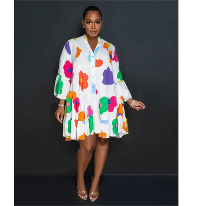 Painted Printing V-neck Long-sleeved Half-length Dress.