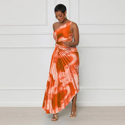 Oblique Single Shoulder Pleated Print Long Dress.