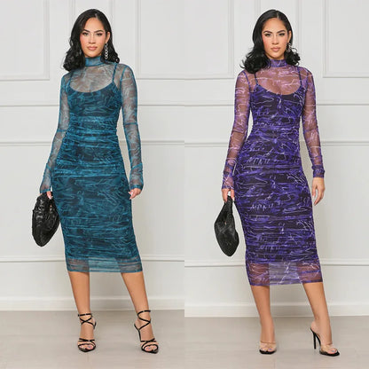 Printed Round Neck Long Sleeve Slim Fit Party Dress.