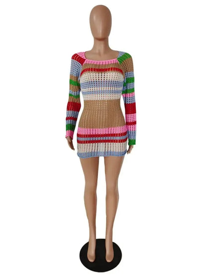 Rainbow Colour Off The Shoulder Mesh Striped Mini Dress.