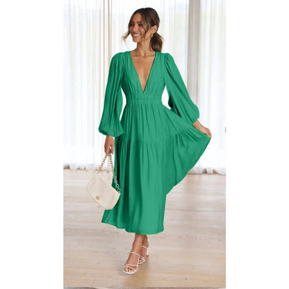 Slim Pleated V Neck Long Sleeve Dress.