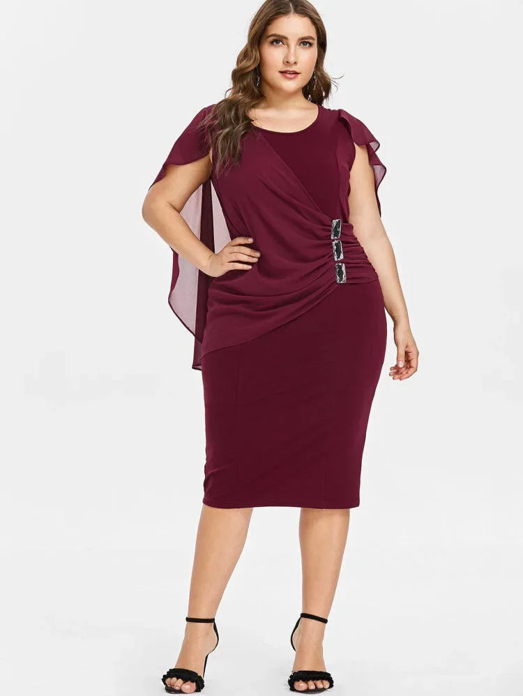 Solid Round Neck Short Sleeve Pleated High Waist Pencil Dress.