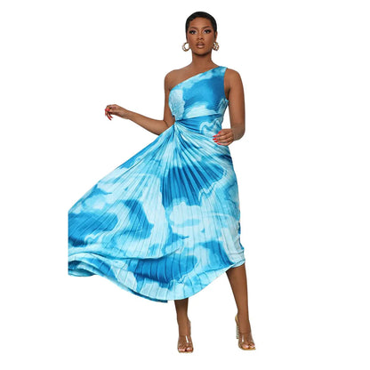 Oblique Single Shoulder Pleated Print Long Dress.