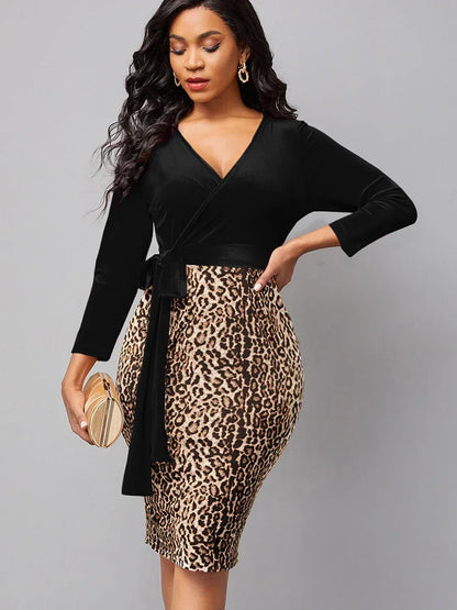 Sexy Leopard Print V-neck Long-sleeved Work Dress.