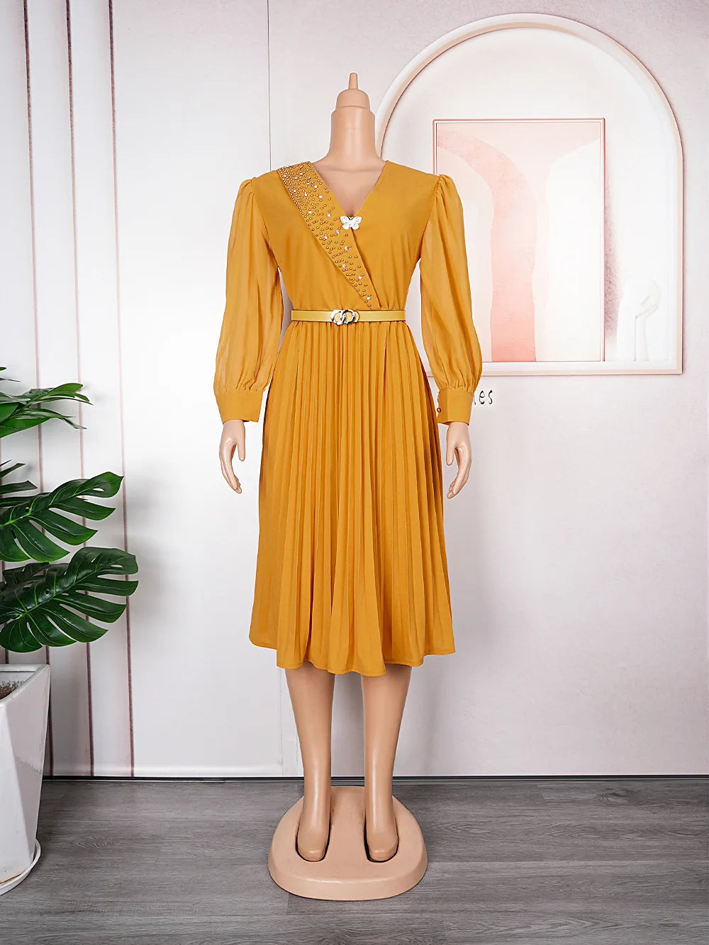 Long Sleeve V-Neck Beaded Chiffon Pleated Dress.