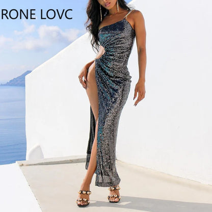 Sequined One Shoulder Chain Sleeveless Dress.