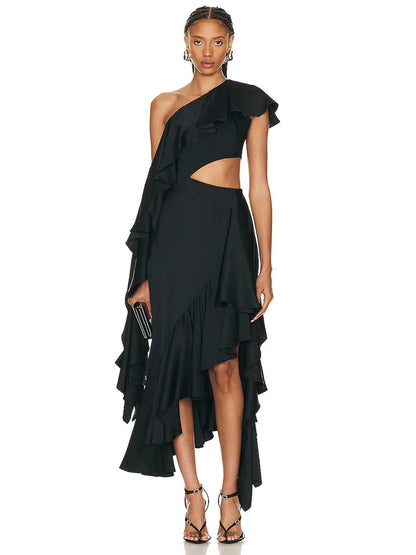 Sexy Asymmetric Ruffled Slanted Cut Out Dress.