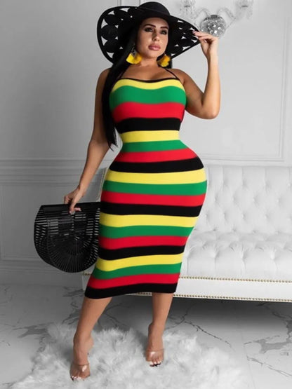 Plus Size Striped Backless Rainbow Dress.