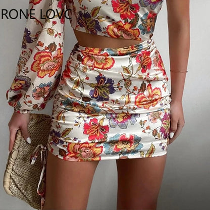 One Shoulder Long Puff Sleeves Crop Top Floral Dress.