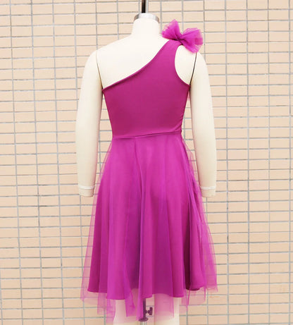 Single Shoulder Oblique Neck Bow Mesh A-line Dress.