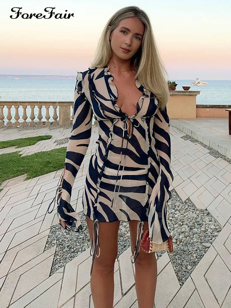 Zebra Print Mini Beach See Through Mesh Dress.