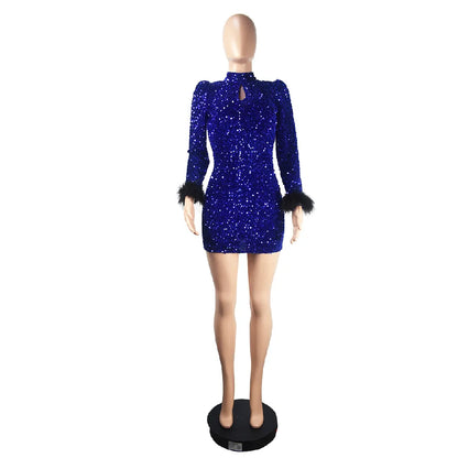 Sequins Lantern Sleeve Mini Dress.