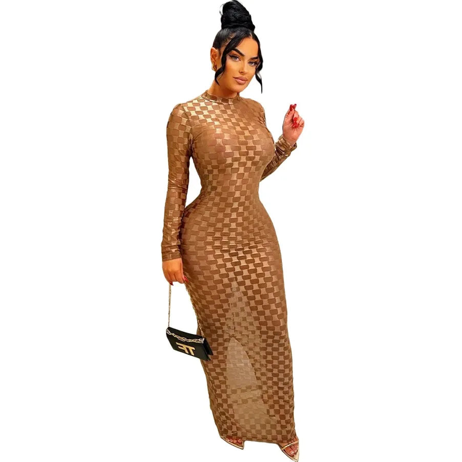 Slim Fit Elastic Mesh Round Neck Dress.