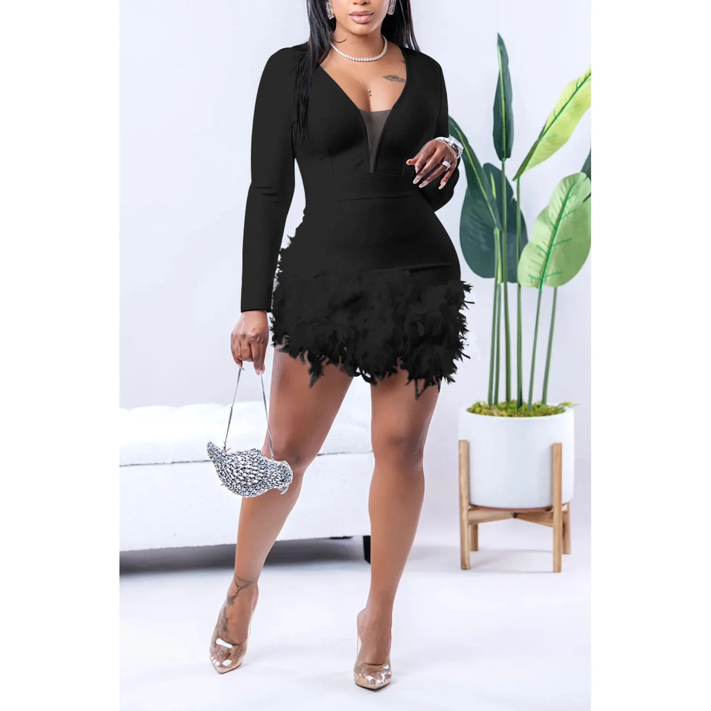 Women Sexy V Neck Long Sleeve Feather Dress.