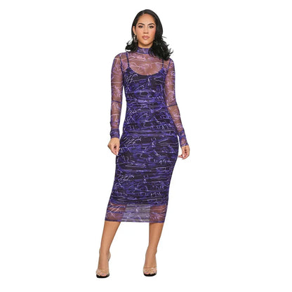Printed Round Neck Long Sleeve Slim Fit Party Dress.