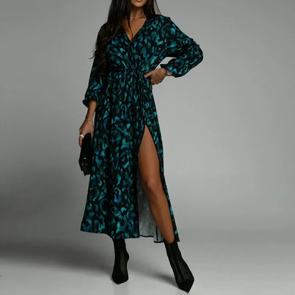 V Neck Long Sleeves Printed Sexy Split Slim Party Dress.