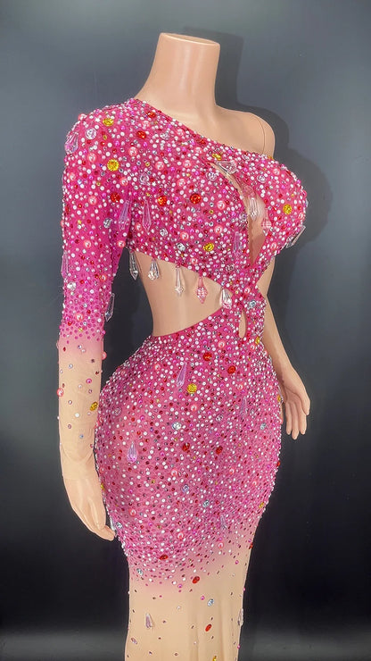 Rhinestones Colourful Mesh Dress.