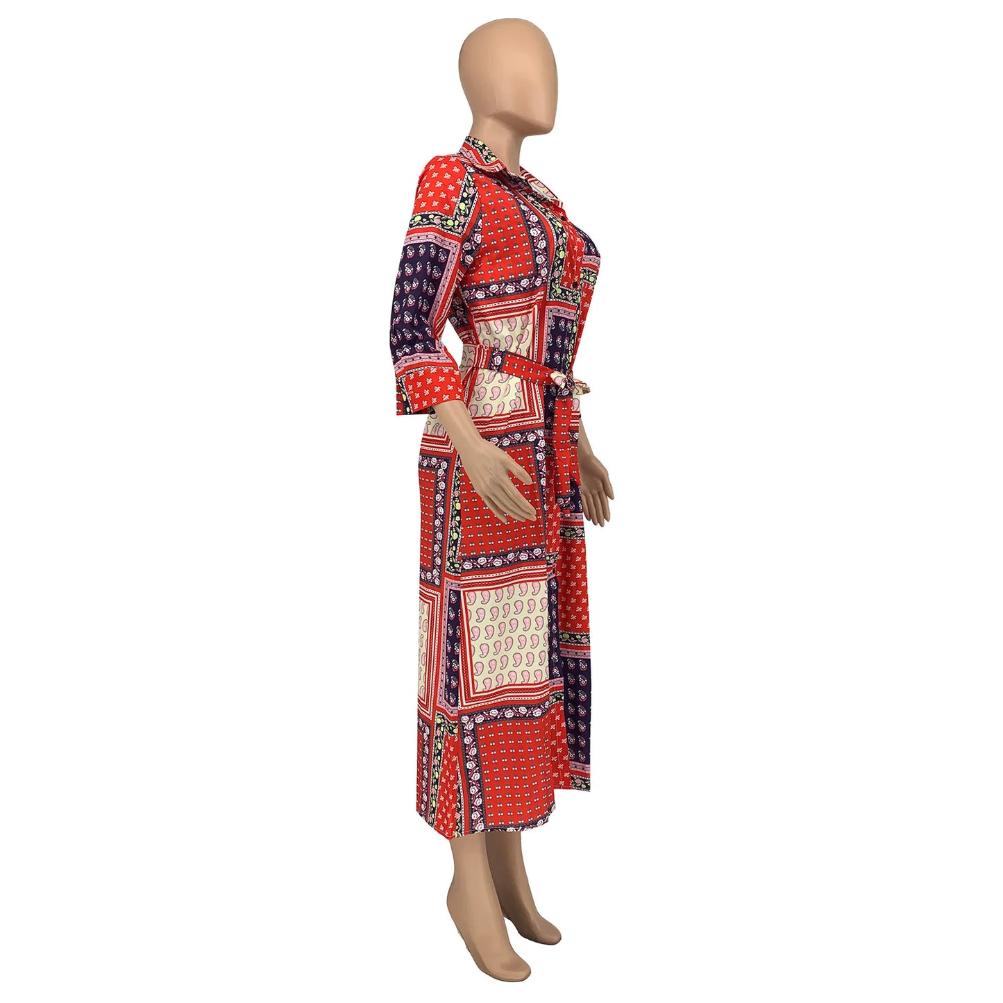 Turndown Collar Geometric Print Shirt Long Sleeve Ankle Length Maxi Dress.