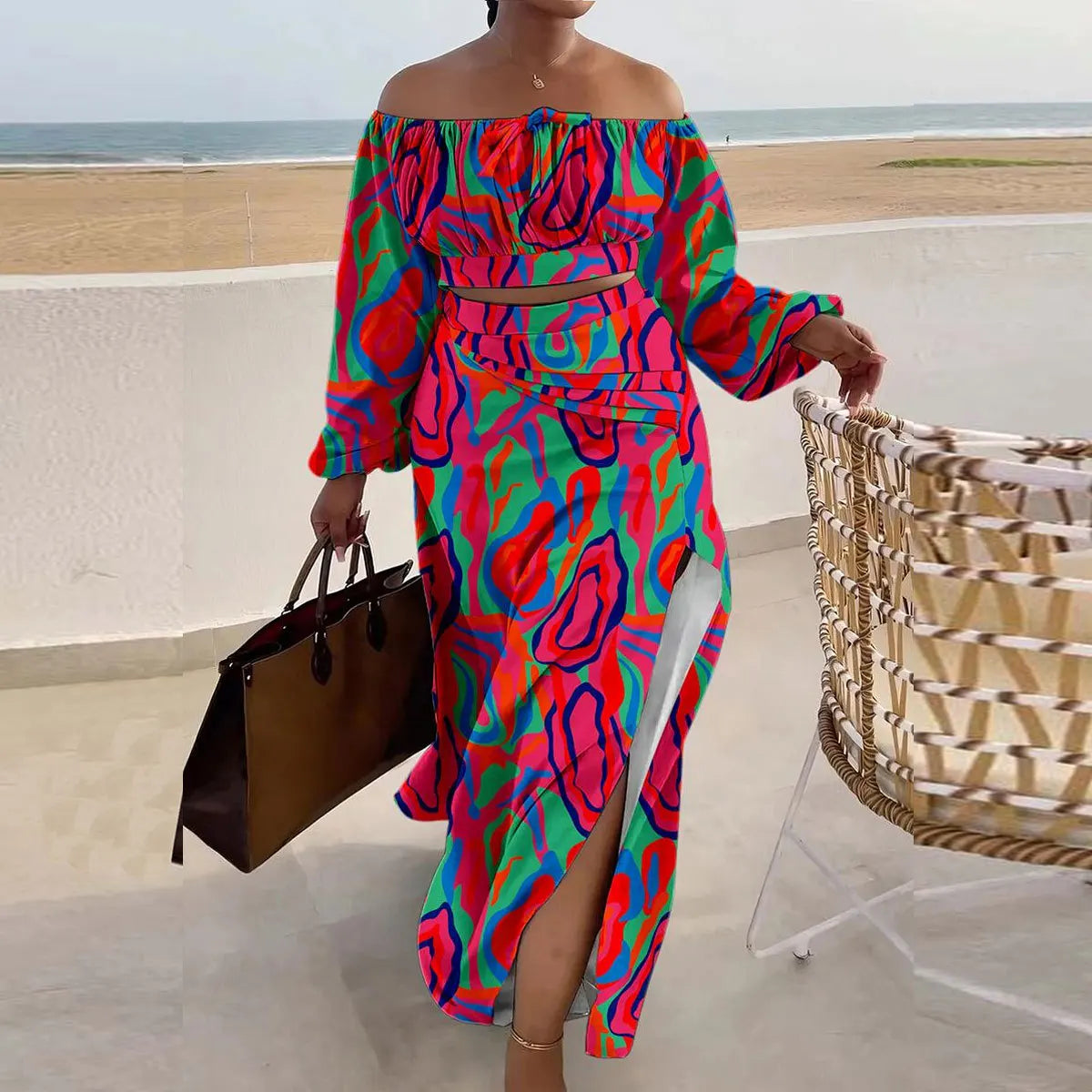 Printed Lantern Sleeve Slit One-shoulder Long Dress.