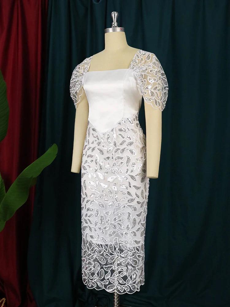 White Sequin Square Neck Backless Lace Tulle Midi Dress. - Missheko