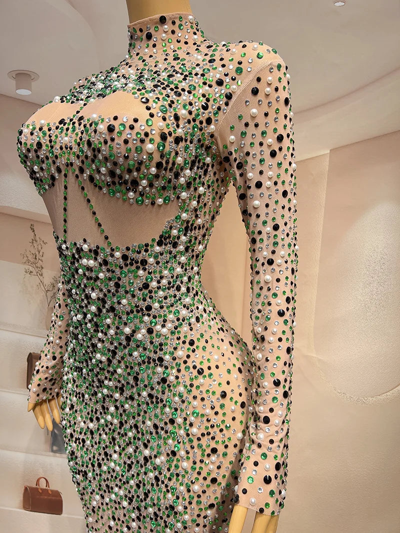 Rhinestones Mesh See Through Dress.