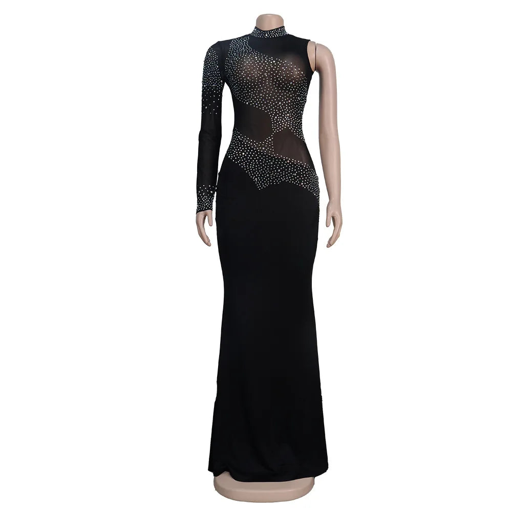 Rhinestone Sheer Luxury Patchwork Long Dress. - Missheko