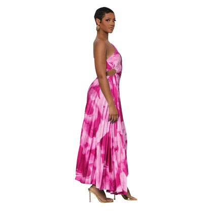 Oblique Single Shoulder Pleated Print Long Dress.