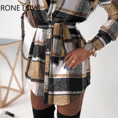 Plaid Pattern with Belt Mini Dress.