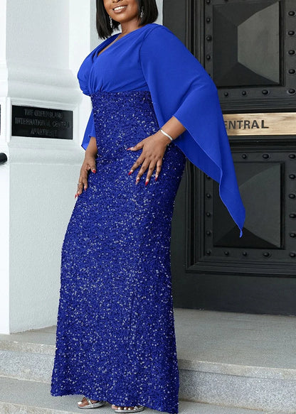 Plus Size Shiny Chiffon Midi V Neck Dress.