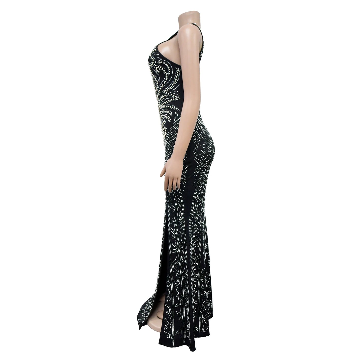 Diamond Pin Bead Split Backless Party Evening Dress.