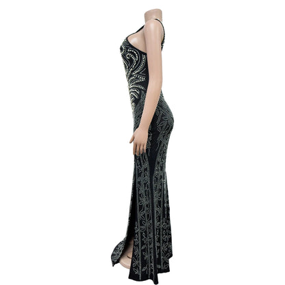 Diamond Pin Bead Split Backless Party Evening Dress.