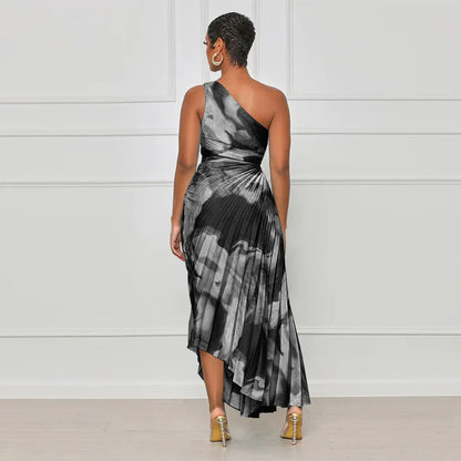 Oblique Single Shoulder Pleated Print Long Dress.