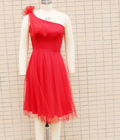 Single Shoulder Oblique Neck Bow Mesh A-line Dress.