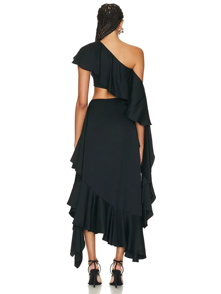 Sexy Asymmetric Ruffled Slanted Cut Out Dress.