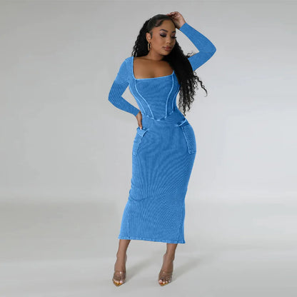 Long Sleeve Square Neck Slim Fit Split Dress.