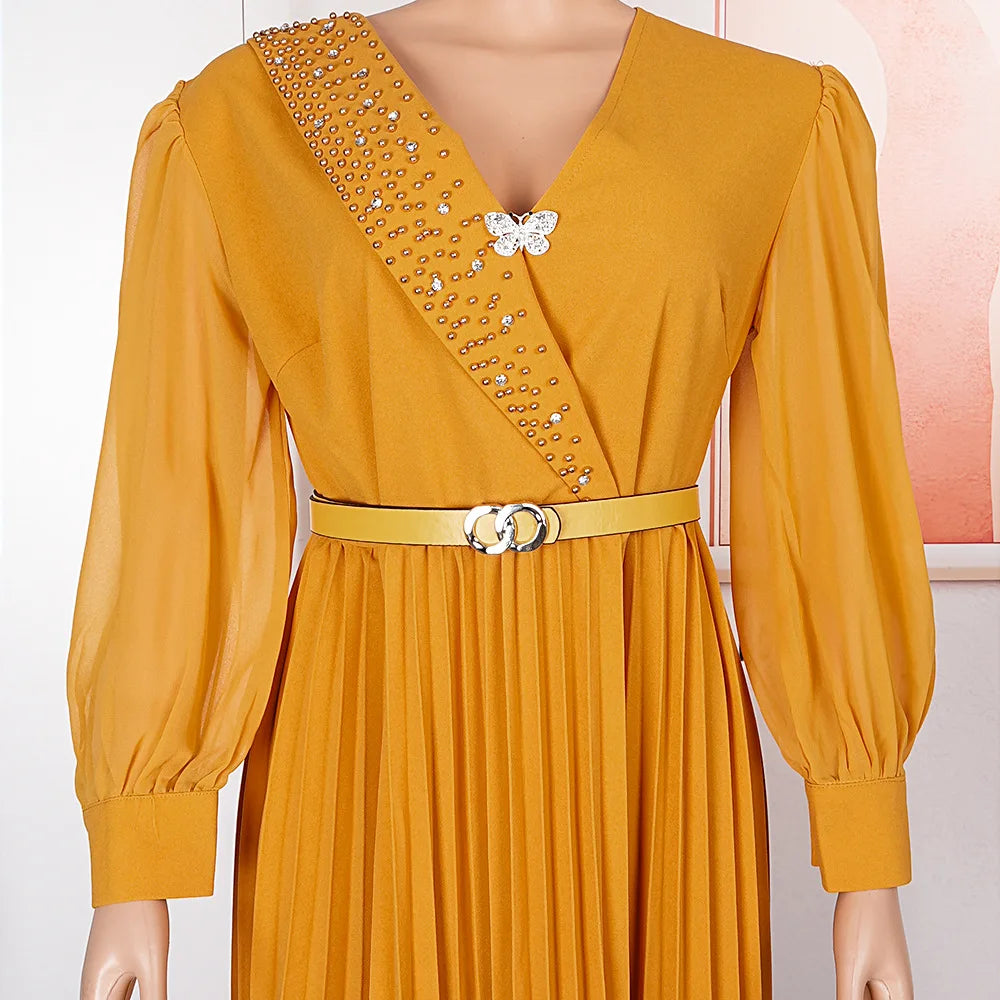 Long Sleeve V-Neck Beaded Chiffon Pleated Dress.