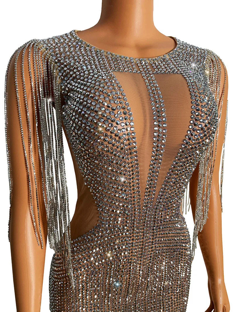 Women Sparkly Rhinestones Tassels Crystals Evening Dress.