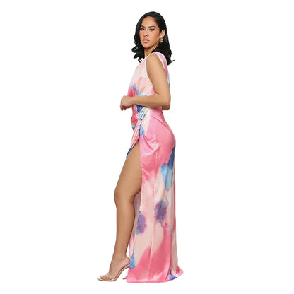 Sexy Sleeveless Slanted Shoulder Vibrant Gradient Slit Dress.