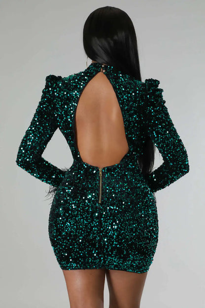 Sequins Lantern Sleeve Mini Dress.