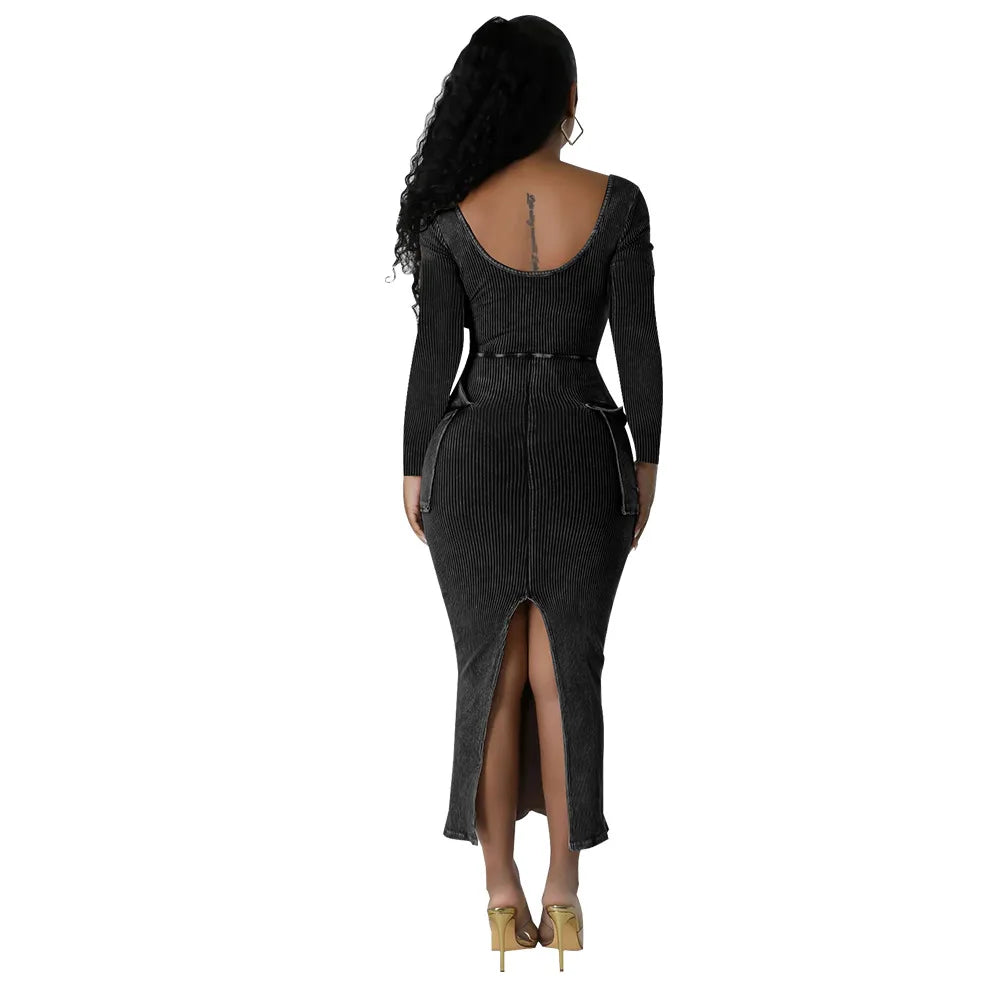 Long Sleeve Square Neck Slim Fit Split Dress.