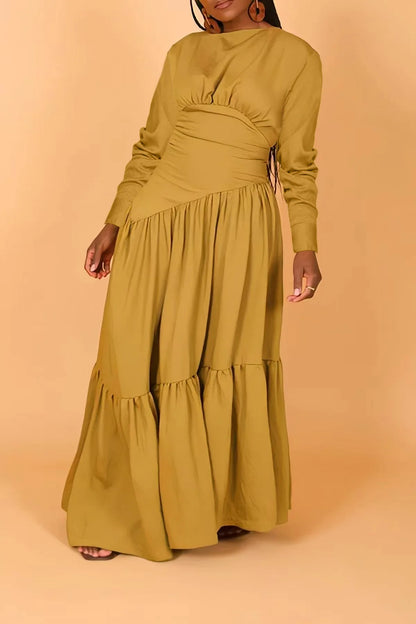 Pleated A-line Round Neck Long Sleeve High Waist Long Dress.