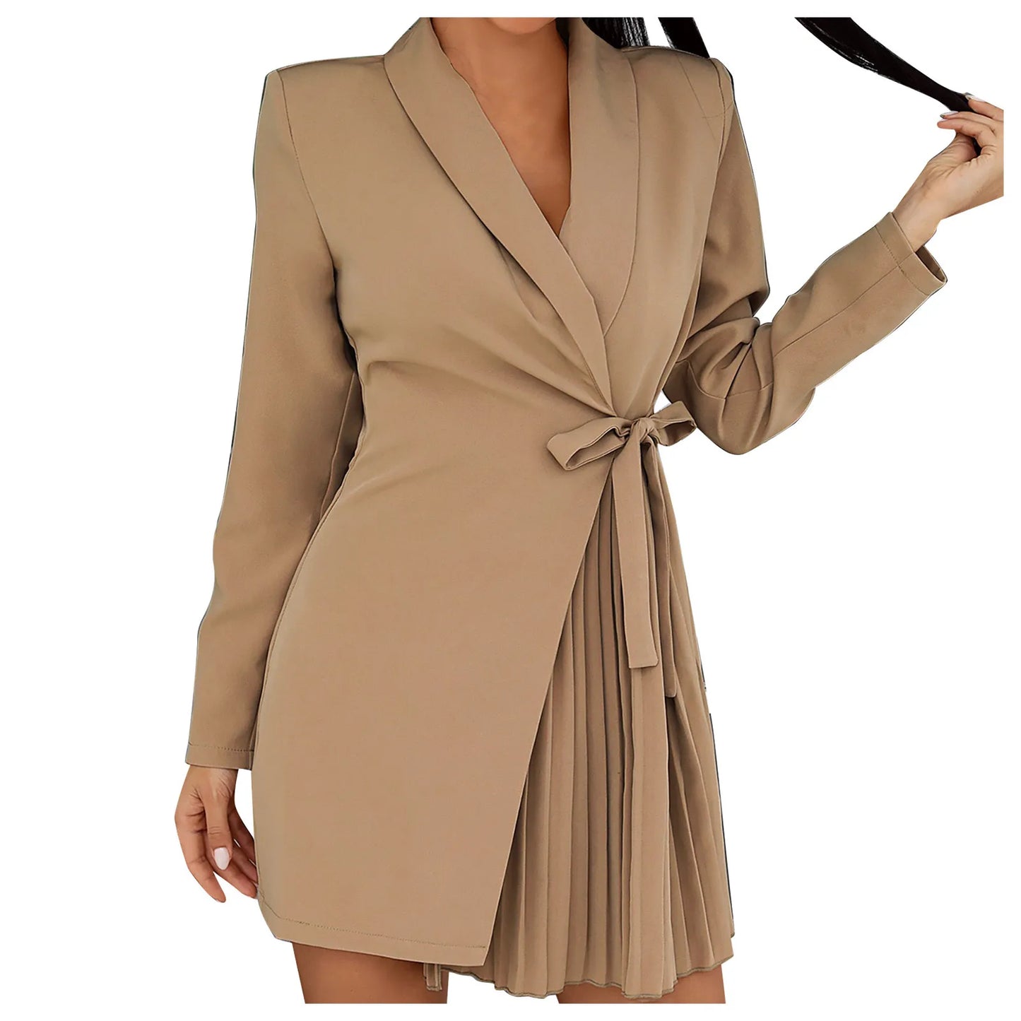 Women Long Sleeve Pleated Waist Tie Dress.