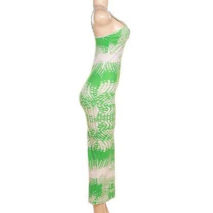 Printing Fashion Sling Backless Dress.