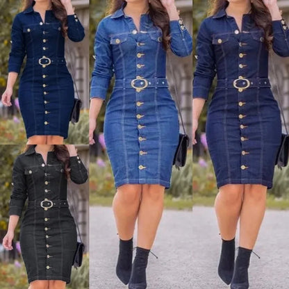 Lapel Single Breasted Long Slim-Fit Long-Sleeved Denim Dress.