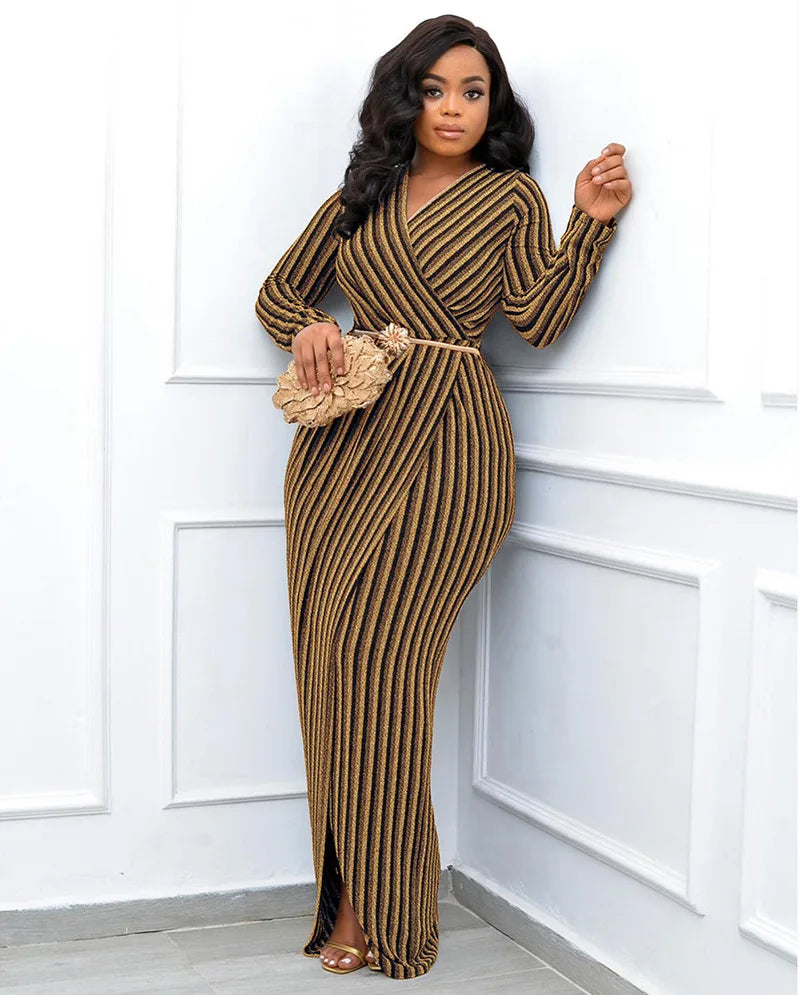 Gold and Silver Stripe Wrapped Hip Party Dress.