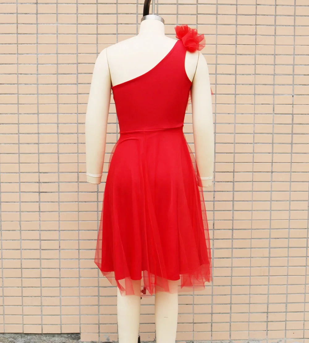 Single Shoulder Oblique Neck Bow Mesh A-line Dress.