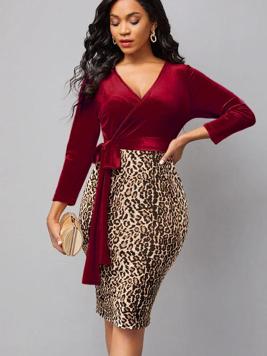 Sexy Leopard Print V-neck Long-sleeved Work Dress.