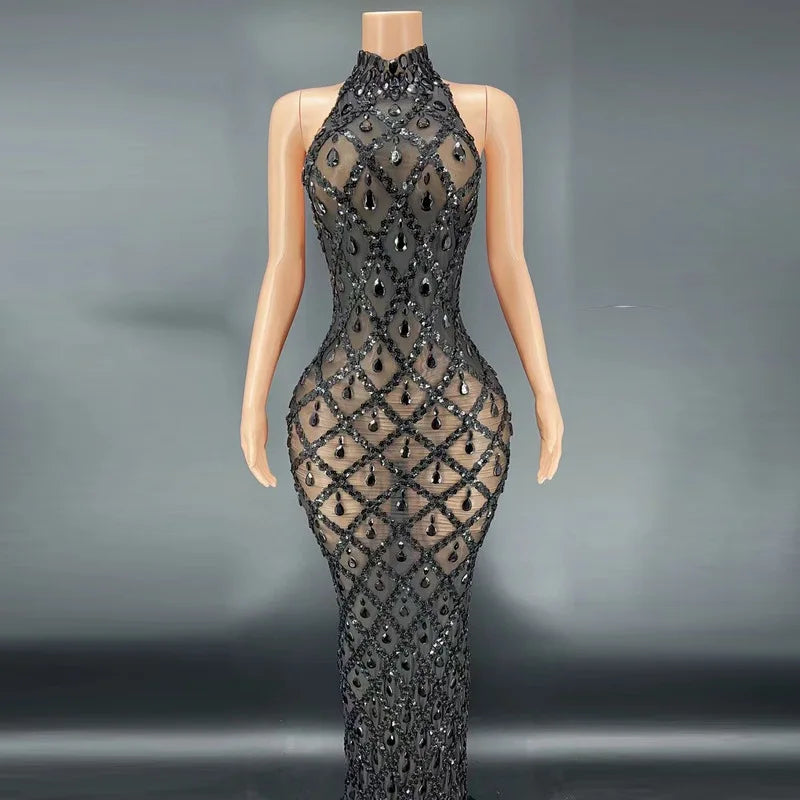 Silver Rhinestone Transparent Long Evening Dress.