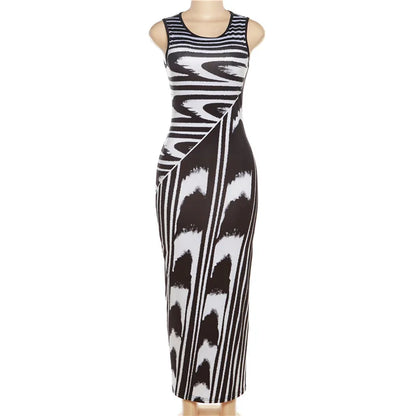 Wave Print Round Neck Sleeveless Pullover Slim Dress.