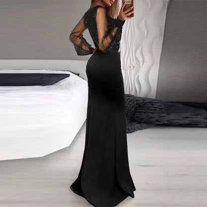 Mesh Long Sleeve V-Neck Slim Ruffle Dress.